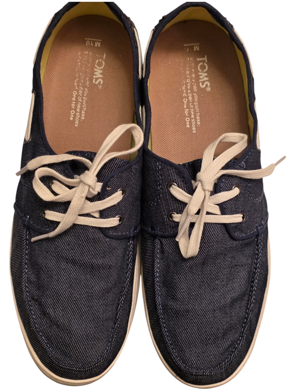 TOMS Men's Navy Canvas Boat Shoes with Off-White Laces 10
